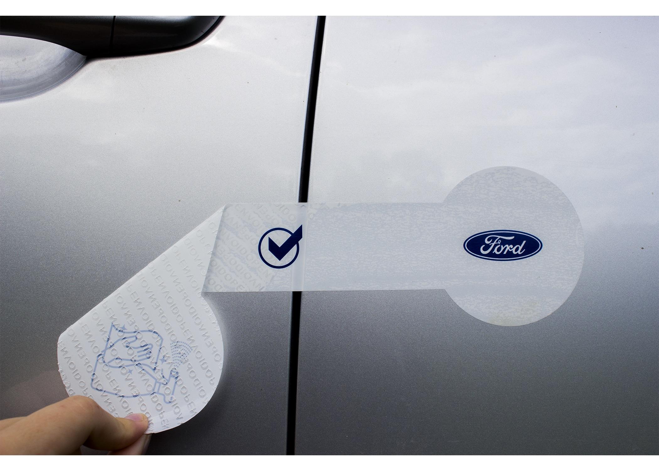 Ford vehicle with tamper-evident void label applied to automotive component for OEM supply chain authentication