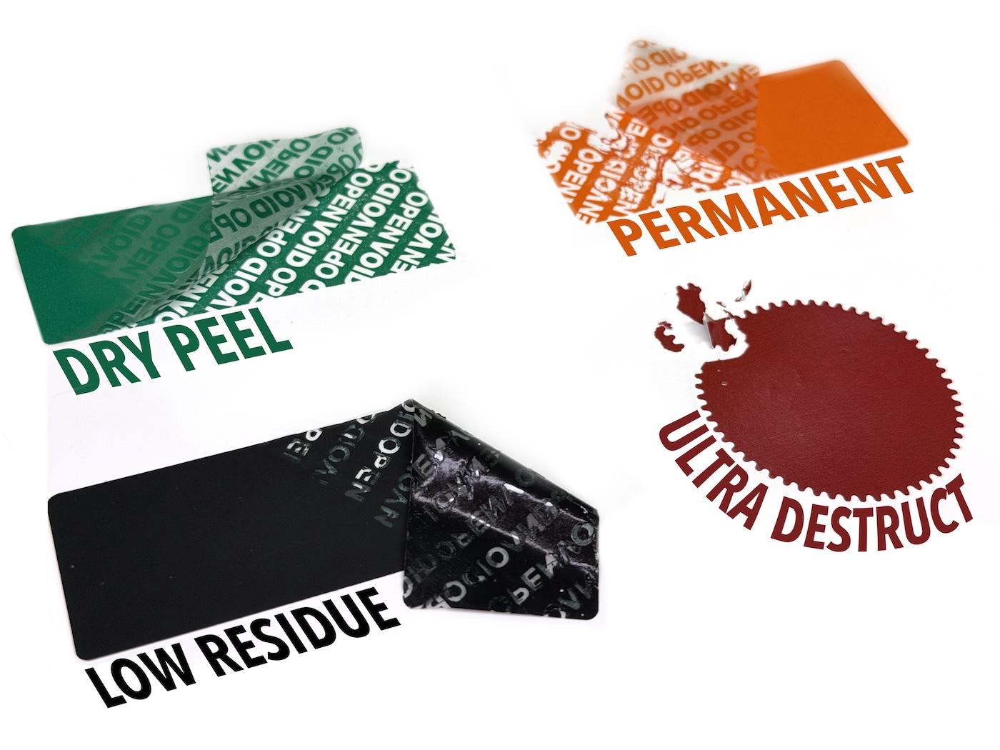 Four types of tamper-evident security labels showing residue transfer, non-residue, destructible and specification-grade options