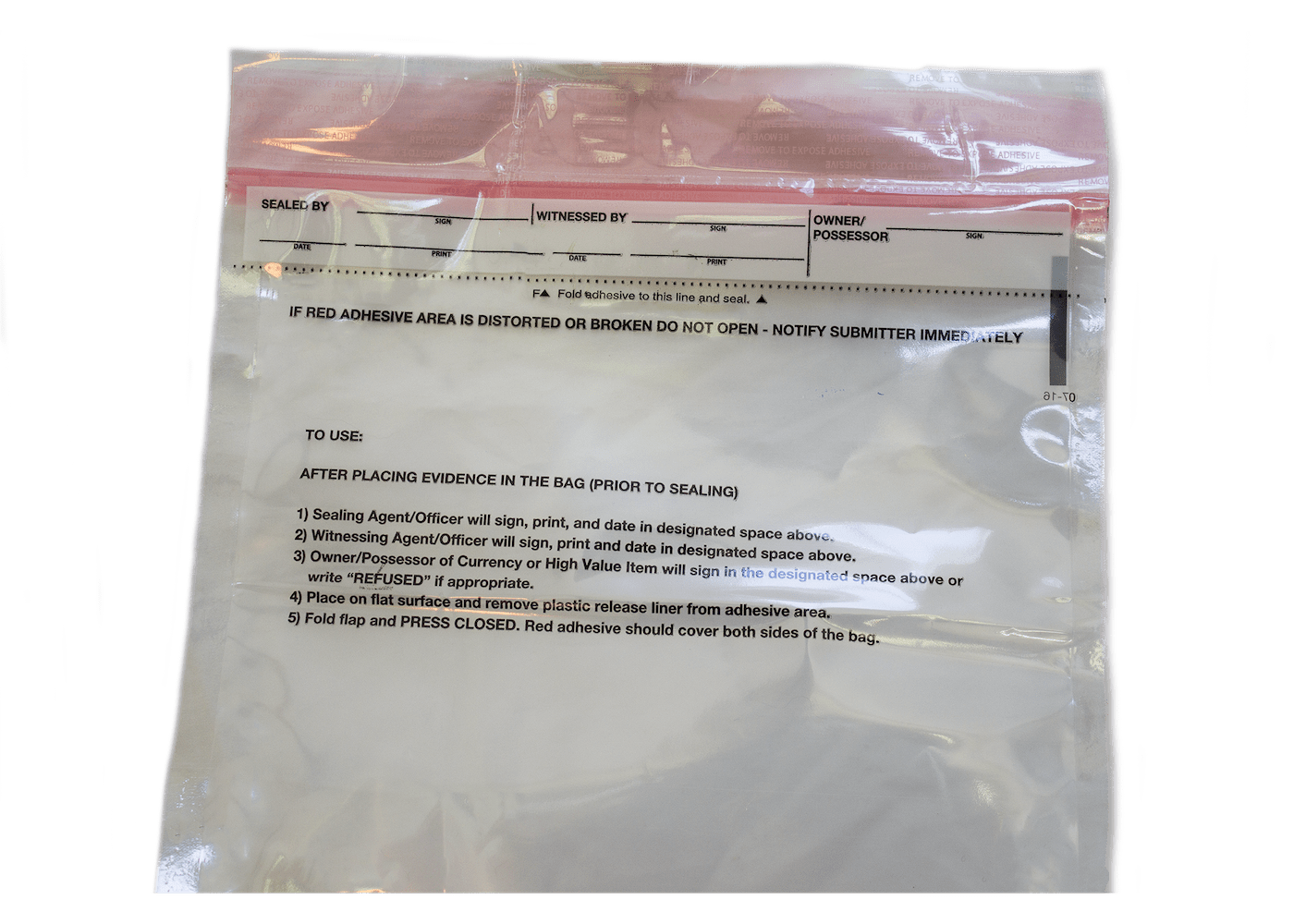 Tamper-evident tape applied to a forensic evidence bag