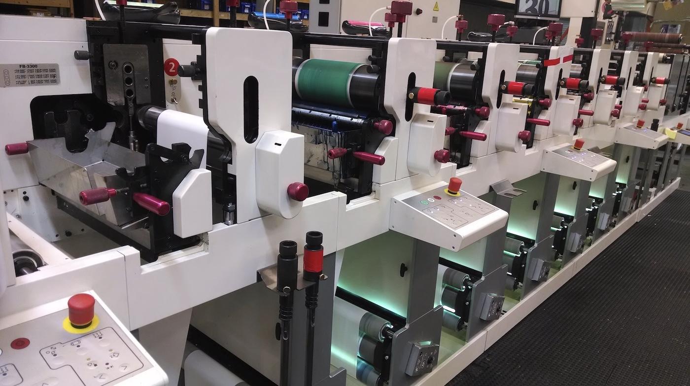 Nilpeter label printing machine at Protectaseal manufacturing facility in Tiverton Devon