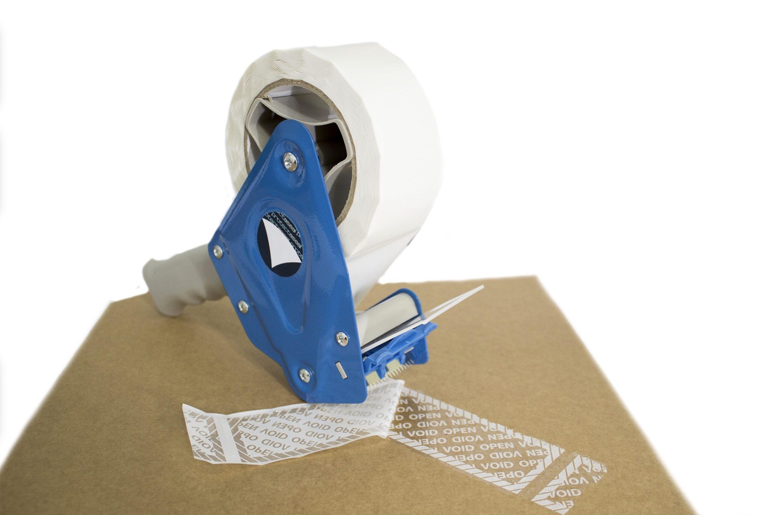 White tamper-evident packaging tape roll on a handheld dispenser